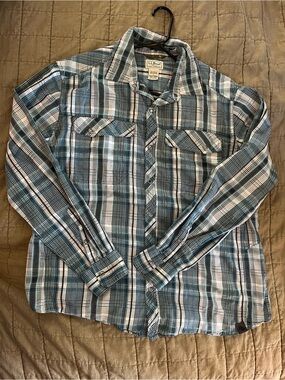 L.L. Bean Men’s Teal and White Plaid Long-Sleeve Button-Down Shirt